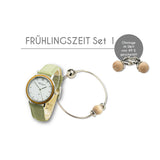 Waidzeit Holzuhr Lederarmband Geschenksset Armbanduhr Damenuhr Männeruhr Unisex Eibe Frühling Edition Geschenk Damengeschenk